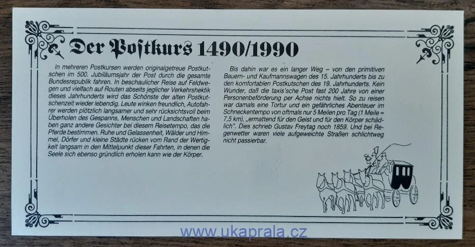NSR, Pamětní list k 500. výročí pošty, jízda poštovního dostavníku, r. 1990