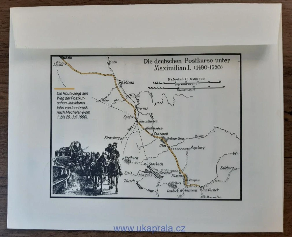 Rakousko, Belgie, NSR, Berlín, Pamětní obálka k 500. výročí pošty, jízda historického poštovního dostavníku, certifikát, r. 1990