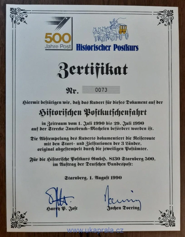 Rakousko, Belgie, NSR, Berlín, Pamětní obálka k 500. výročí pošty, jízda historického poštovního dostavníku, certifikát, r. 1990