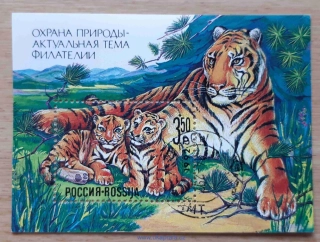 RUSKO aršík Bl 1 razítkovaný, tygři, ochrana přírody,  r. 1992