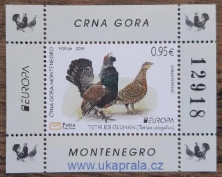 Černá Hora ** aršík Bl 24 EUROPA, tetřev hlušec, r.2019
