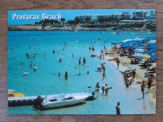 Kypr pohlednice s natištěnými známkami, celina, Protaras Beach