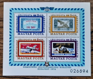 Maďarsko ** aršík Bl 109A, letecká doprava, fil. výstava Aerofila 74, r. 1974