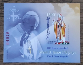 MAĎARSKO ** aršík Bl 438 B ČERVENÉ ČÍSLO, papež Jan Pavel II., 100. výročí narození, r. 2020