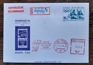 ČR, celina LOH Atlanta, R nálepka 100 let ČOV, razítko "ČR mistrem světa", r. 1998