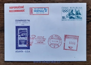 ČR, celina LOH Atlanta, R nálepka 100 let ČOV, razítko "ČR mistrem světa", r. 1998
