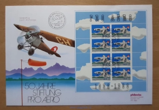 Švýcarsko obálka s TL 1369, Pro Aero 1938-88, 50. výročí polárního letu, r. 1988